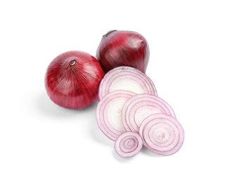 Photo of Ripe red onions on white background