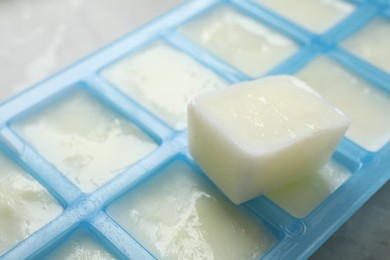 Photo of Ice cube tray with frozen milk on grey table, closeup