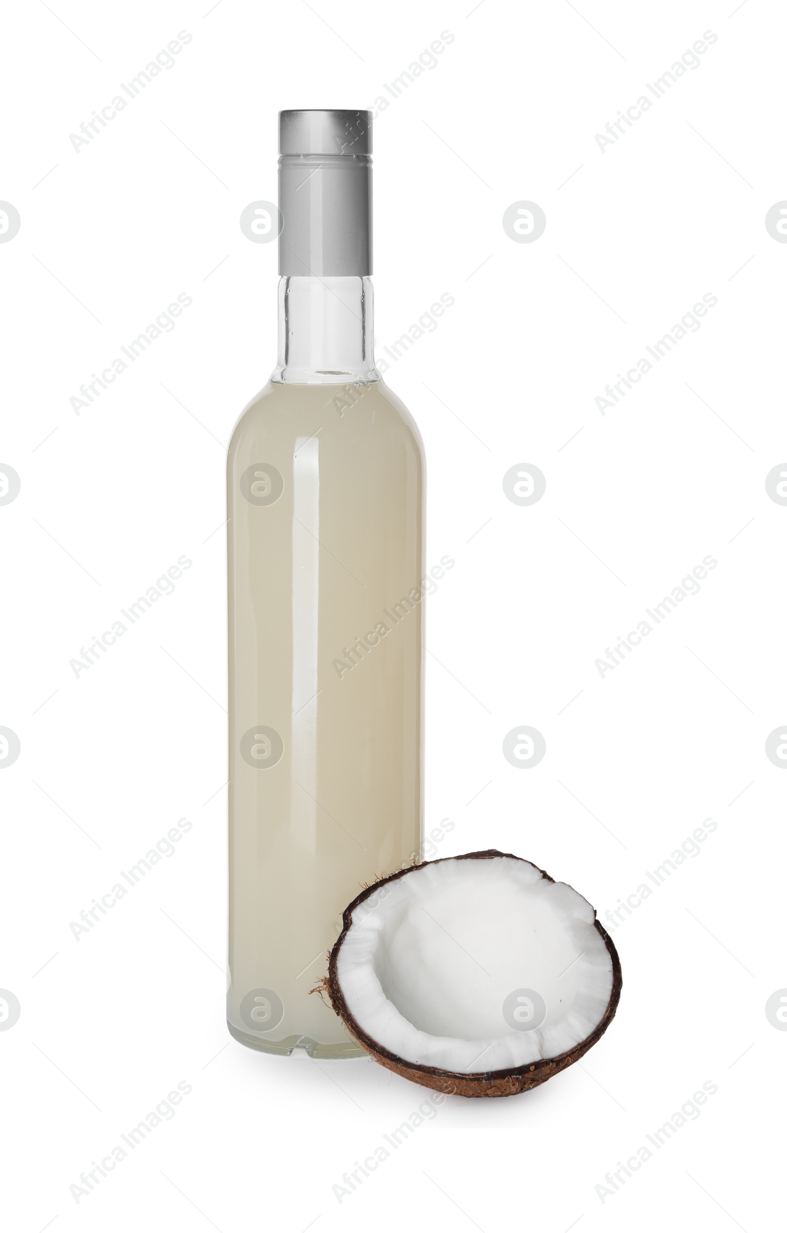 Photo of Delicious syrup for coffee and coconut on white background