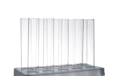 Empty test tubes in holder on white background. Laboratory analysis