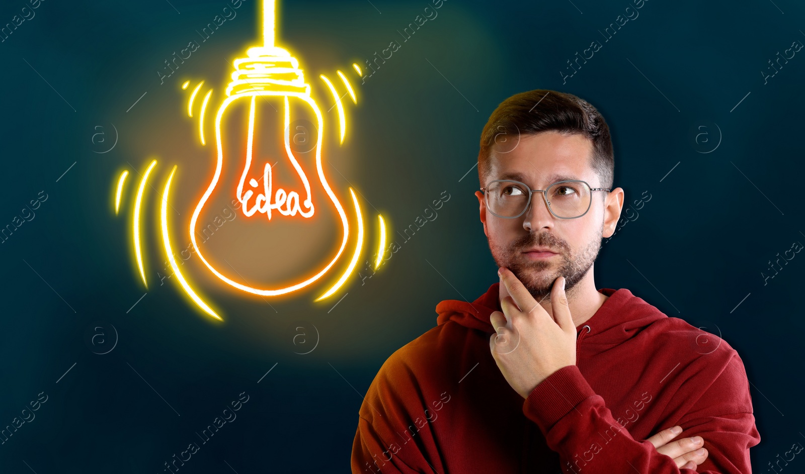 Image of Idea generation. Thoughtful man and illustration of glowing light bulb on dark background