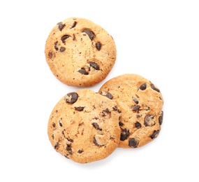 Tasty chocolate chip cookies on white background, top view