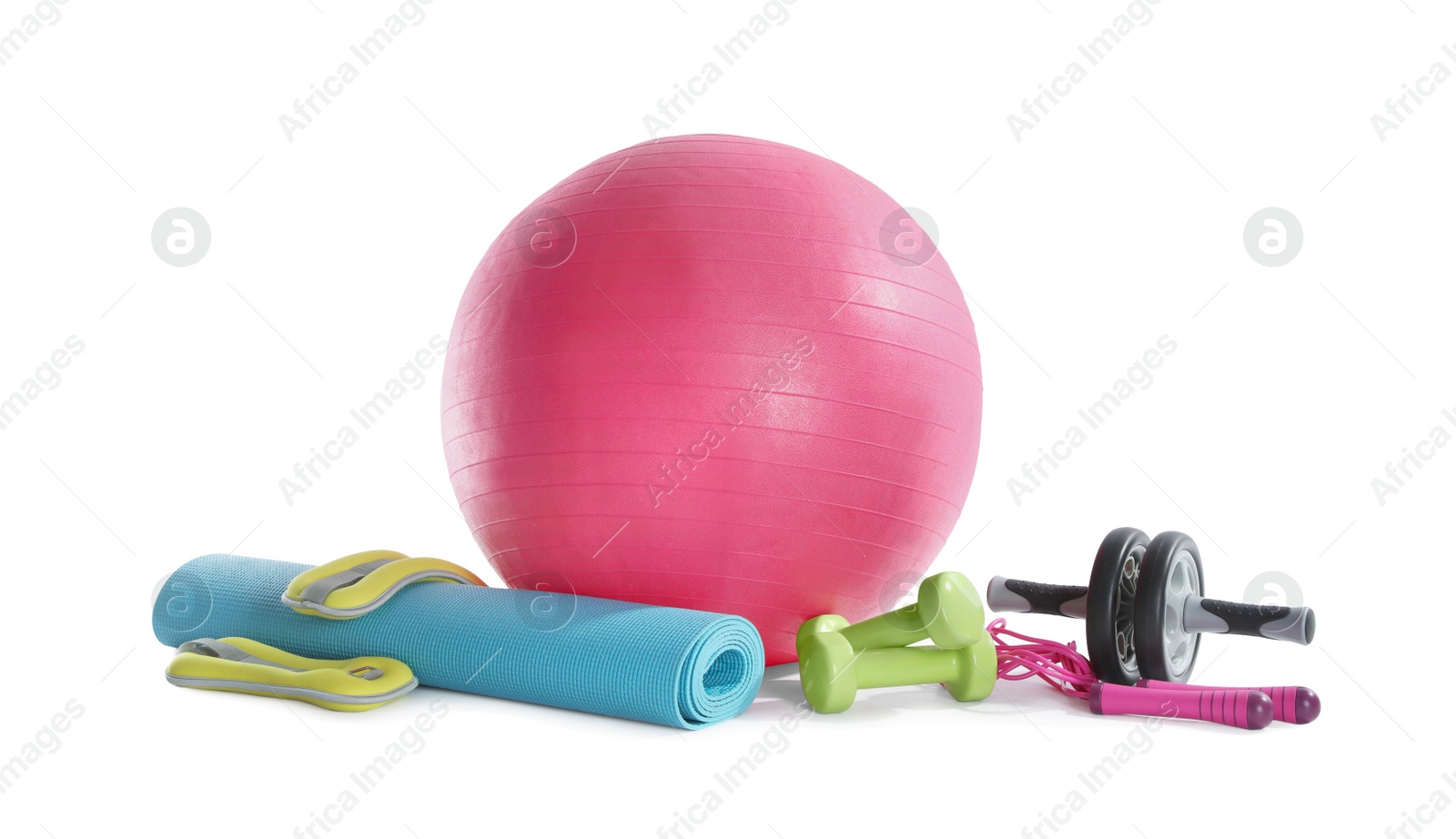 Photo of Set of different sports equipment on white background