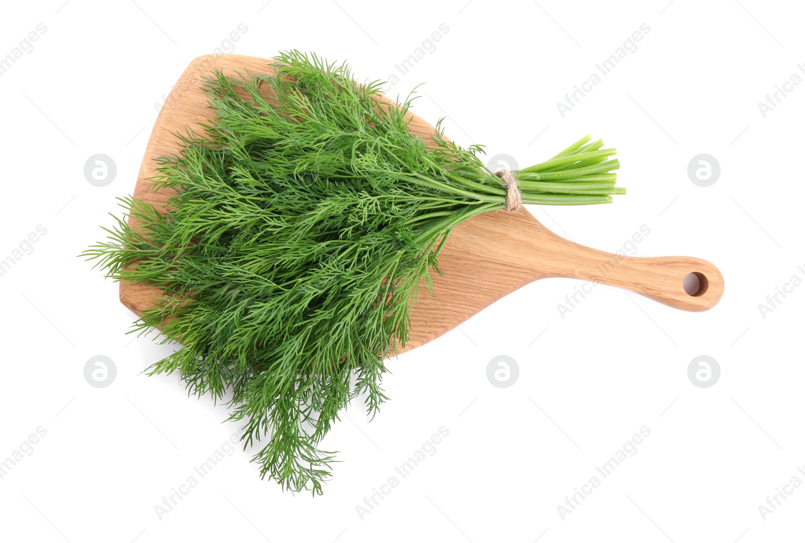 Photo of Board with fresh green dill isolated on white, top view