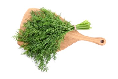 Photo of Board with fresh green dill isolated on white, top view