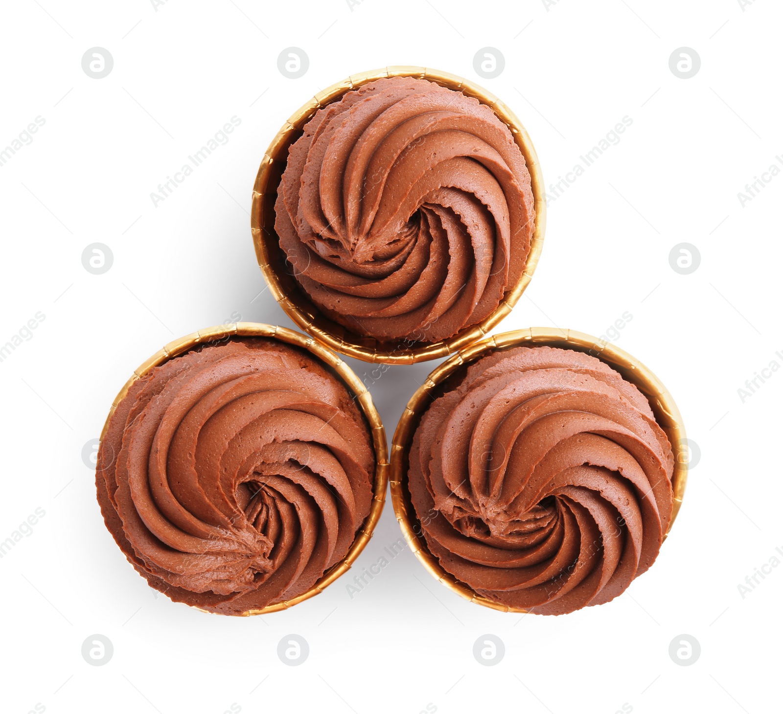 Photo of Delicious chocolate cupcakes isolated on white, top view