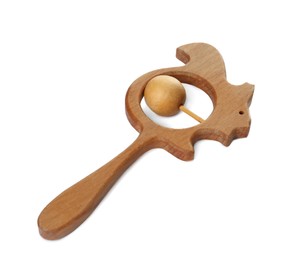 Photo of One wooden rattle isolated on white. Children's toy