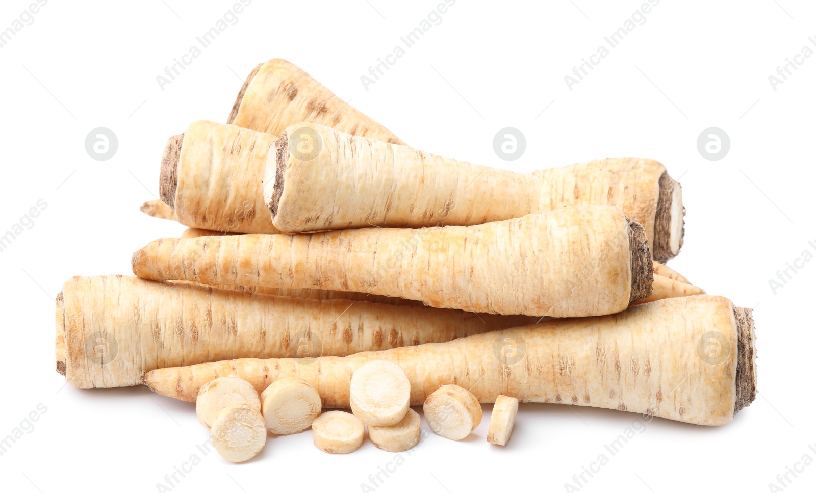 Photo of Raw parsley roots isolated on white. Healthy food