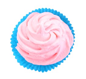 Delicious cupcake with pink cream isolated on white, top view