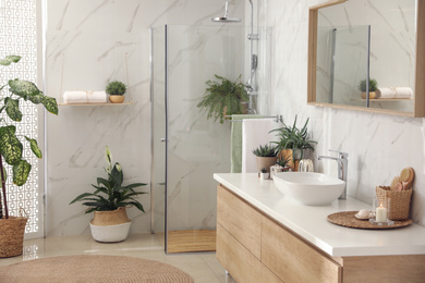 Stylish bathroom interior with countertop, shower stall and houseplants. Design idea