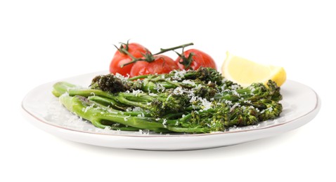 Photo of Tasty cooked broccolini with cheese, tomatoes and lemon isolated on white