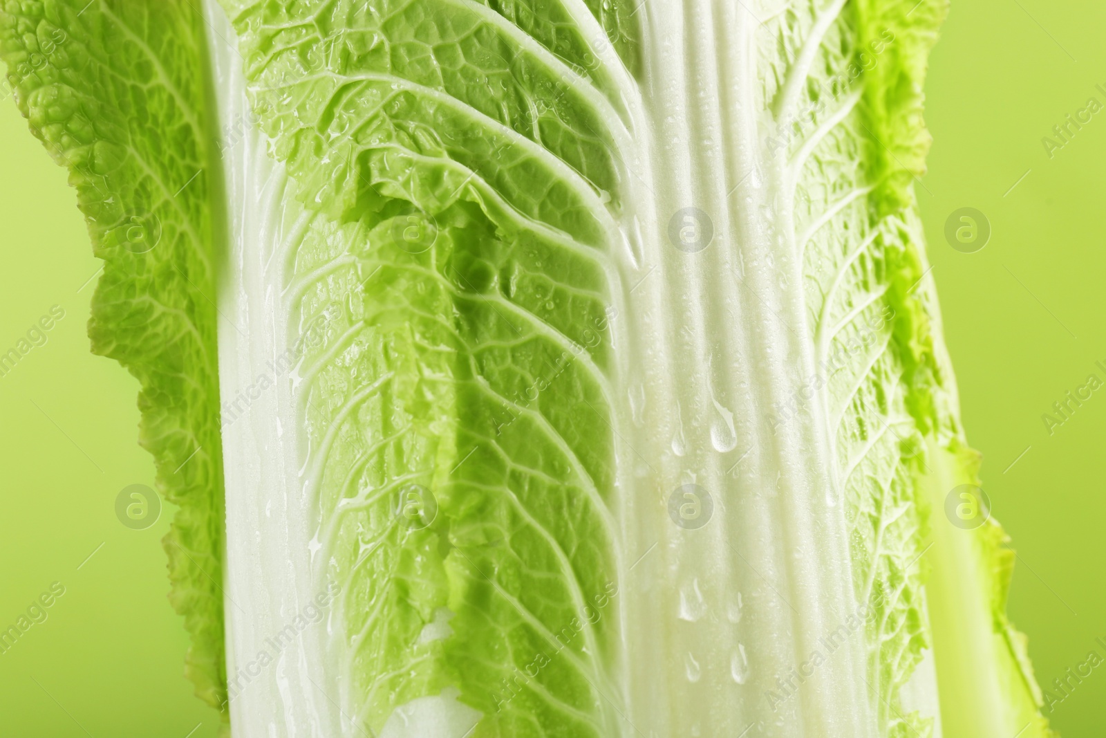 Photo of Fresh ripe Chinese cabbage on light green background, closeup