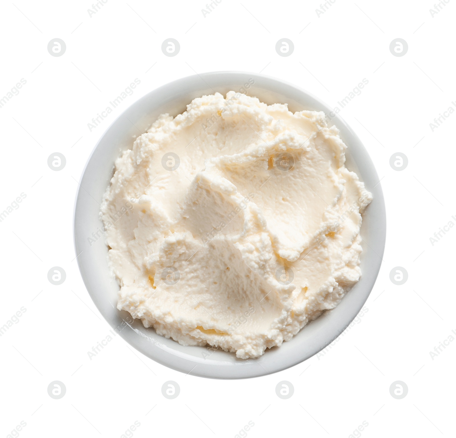 Photo of Bowl of tasty cream cheese on white background, top view