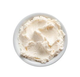 Bowl of tasty cream cheese on white background, top view