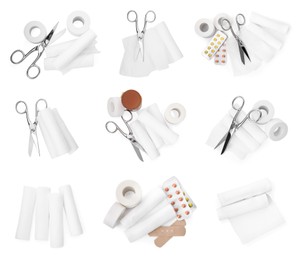 Image of Set with gauze bandages on white background, top view