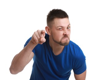 Photo of Angry man on white background. Hate concept
