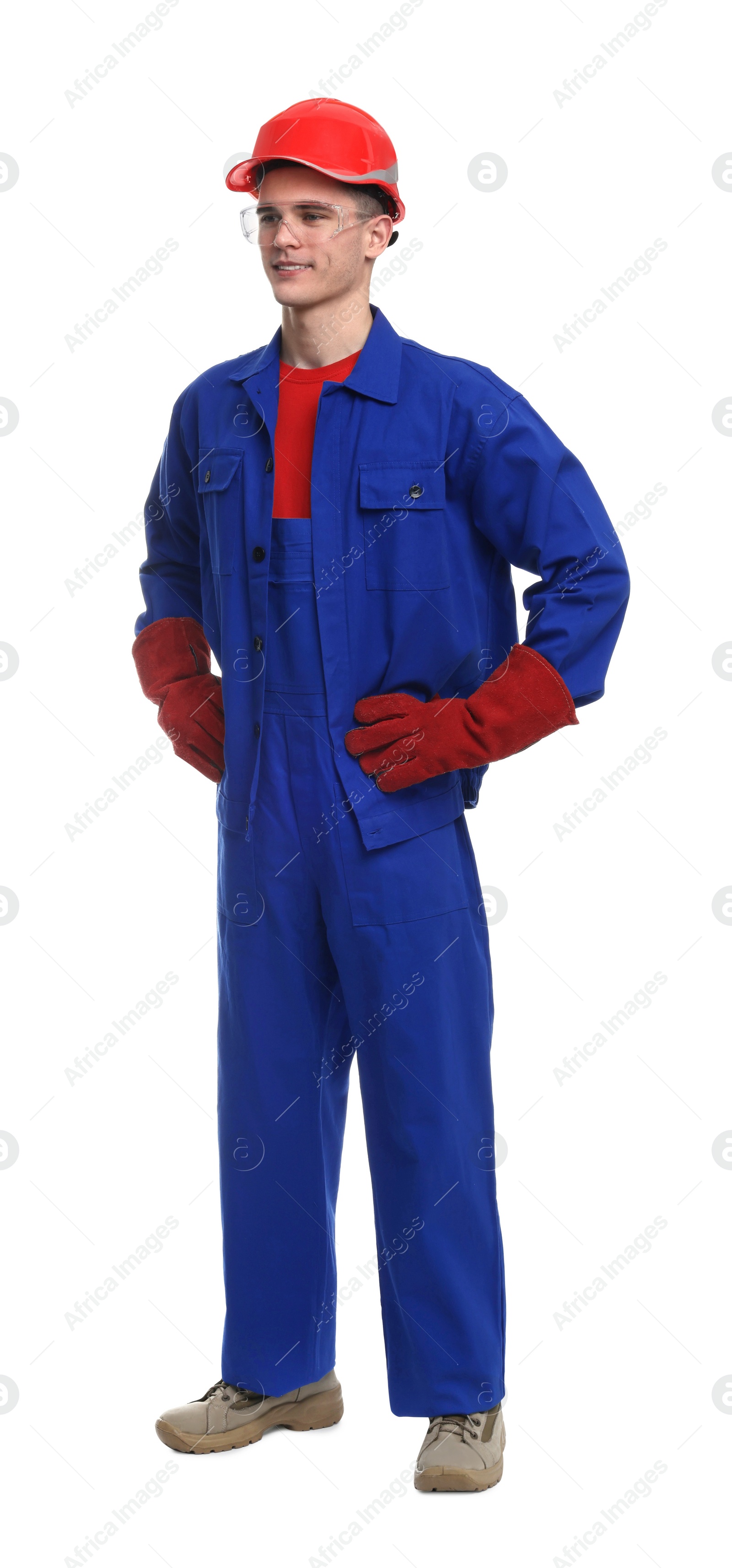 Photo of Young man wearing safety equipment on white background