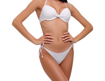 Photo of Young woman in stylish bikini isolated on white, closeup