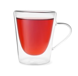 Photo of Glass mug of tasty tea isolated on white