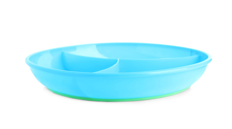 Photo of Blue plastic section plate isolated on white. Serving baby food