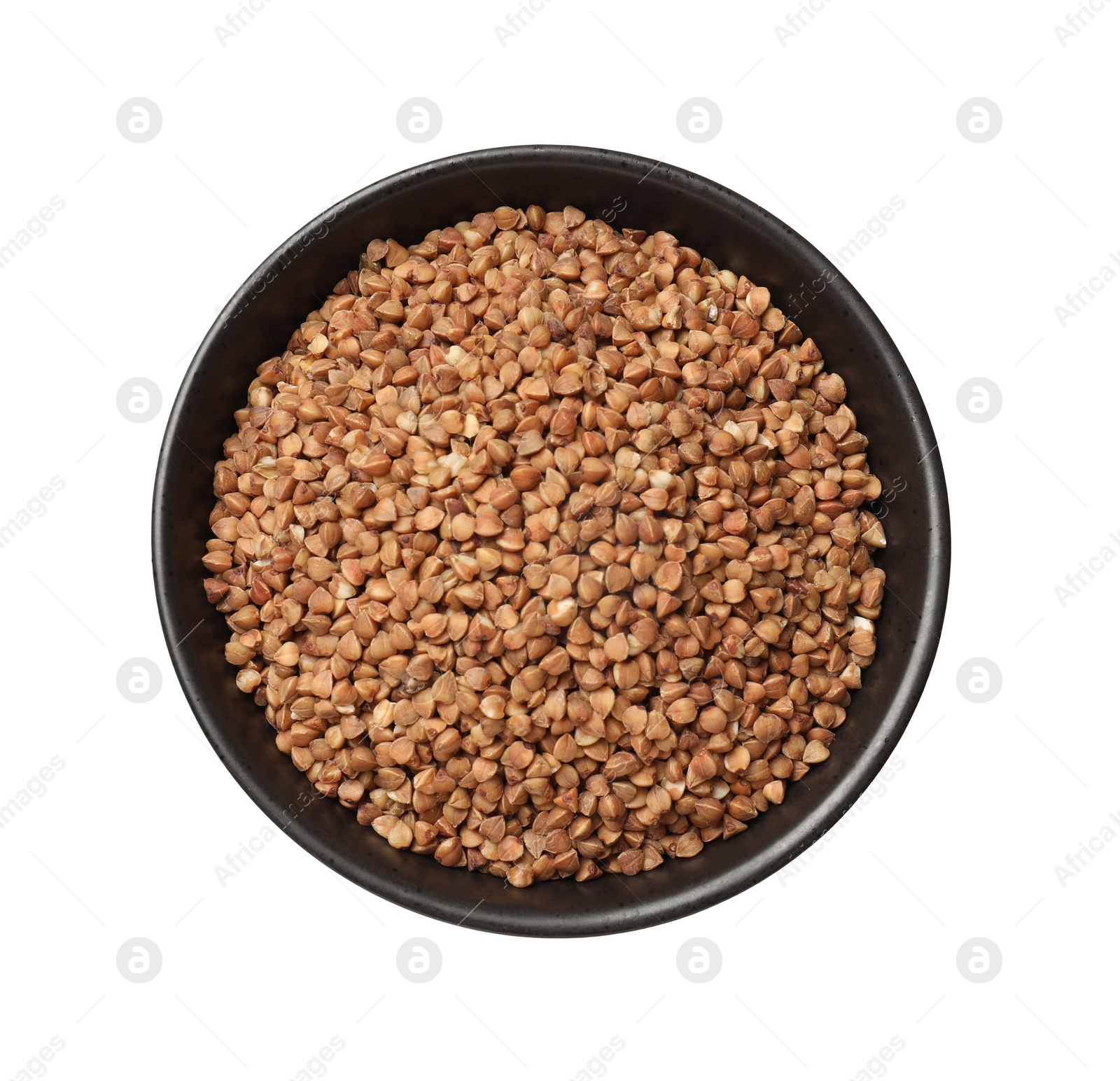 Photo of Bowl with dry buckwheat isolated on white, top view