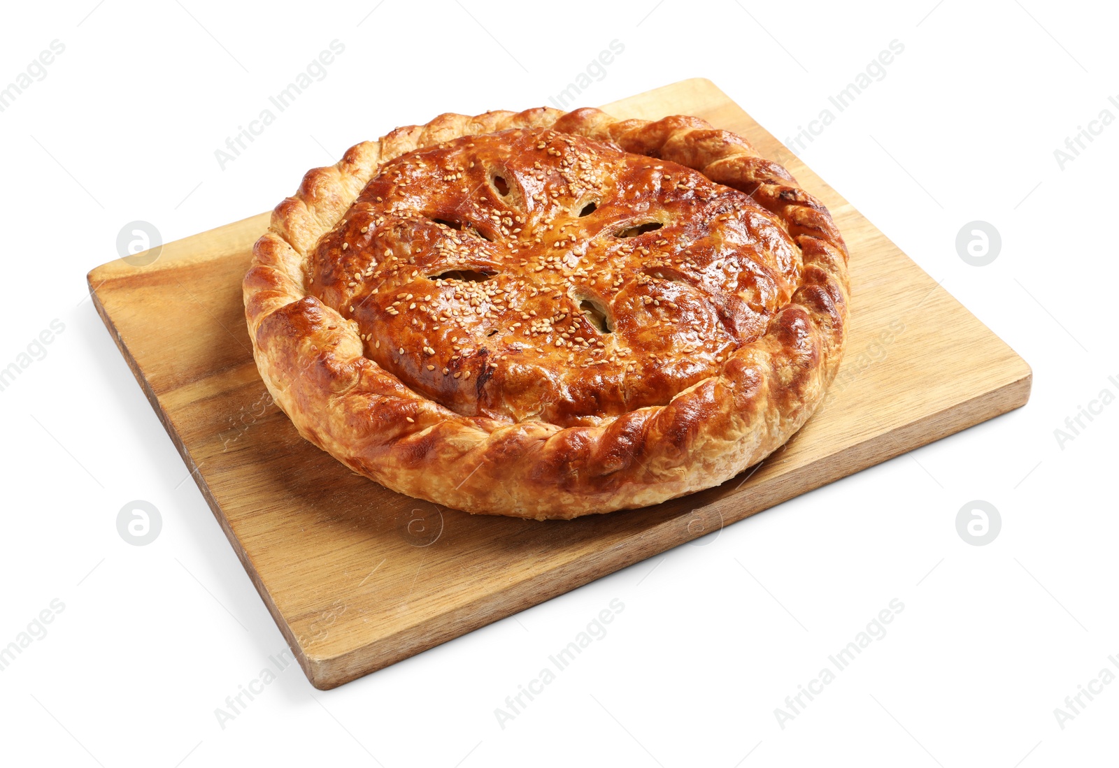 Photo of Tasty homemade pie with filling isolated on white