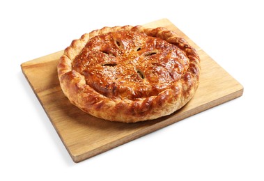 Tasty homemade pie with filling isolated on white