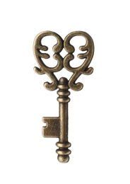 Photo of Bronze vintage ornate key on white background