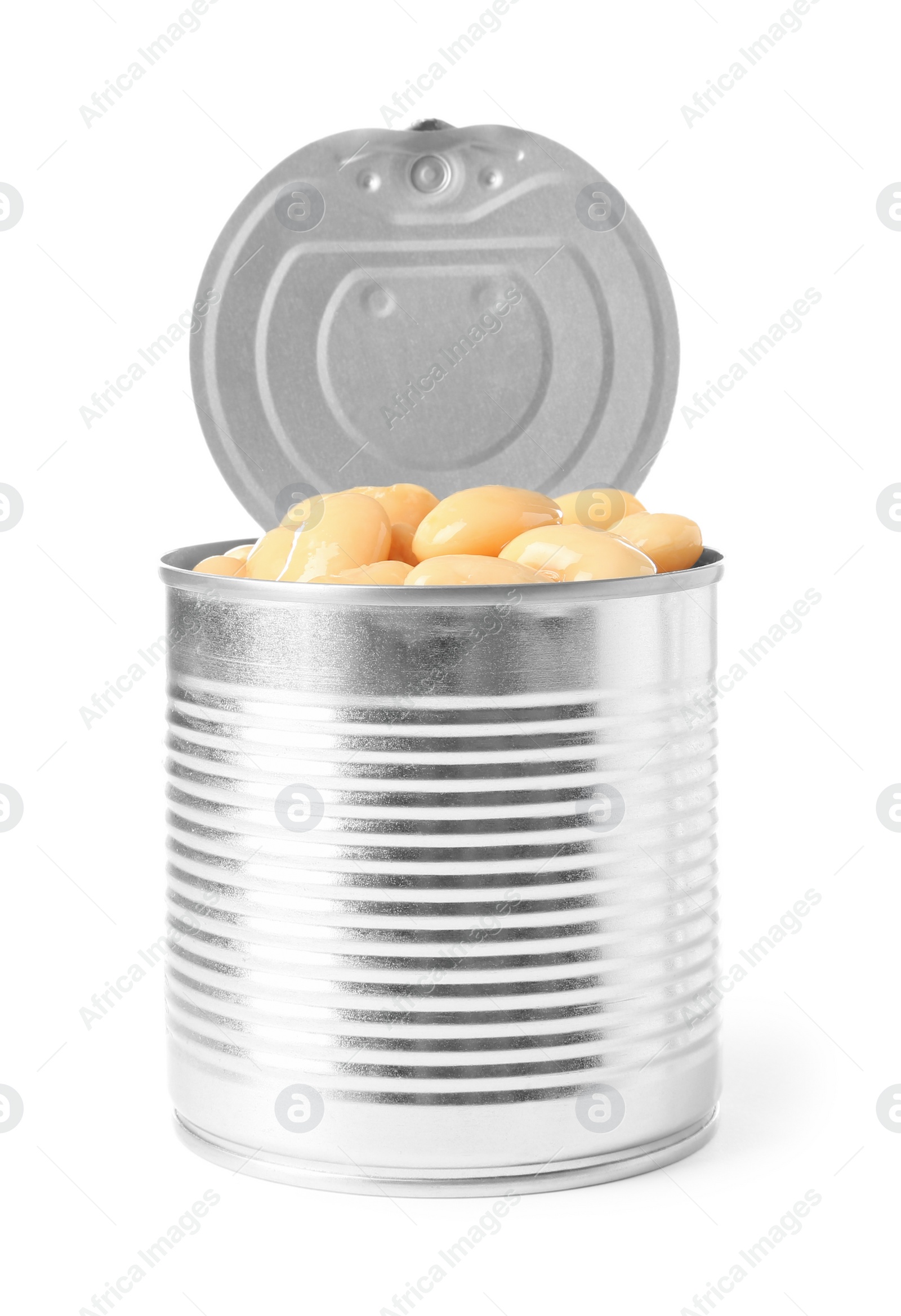 Photo of Open tin can of beans isolated on white