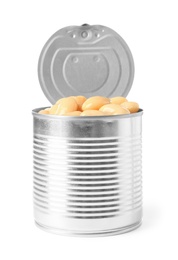 Photo of Open tin can of beans isolated on white