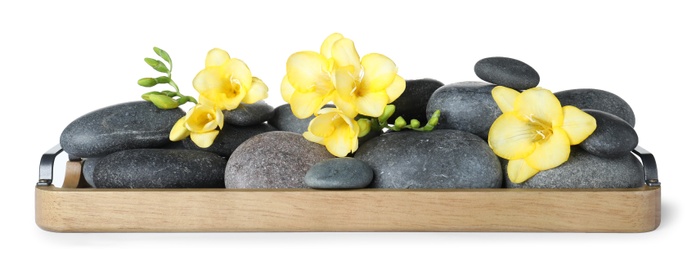 Wooden tray with spa stones and freesia flowers on white background