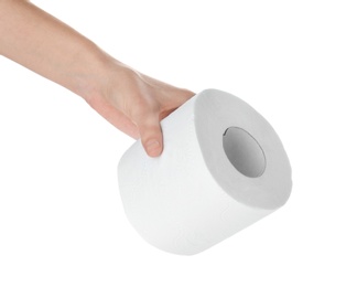 Woman holding toilet paper roll on white background. Personal hygiene