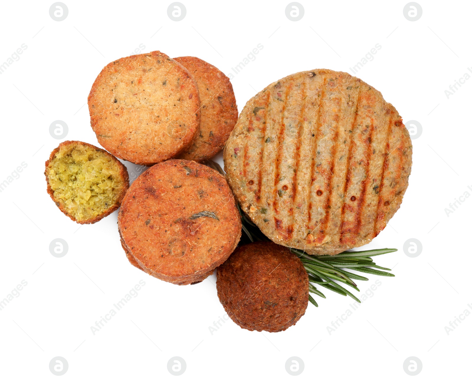 Photo of Many delicious vegan meat products and rosemary isolated on white, top view