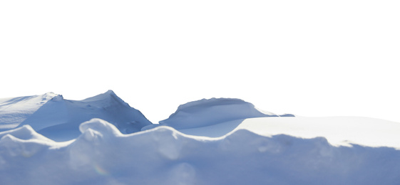 Image of Heap of snow on white background, closeup. Banner design