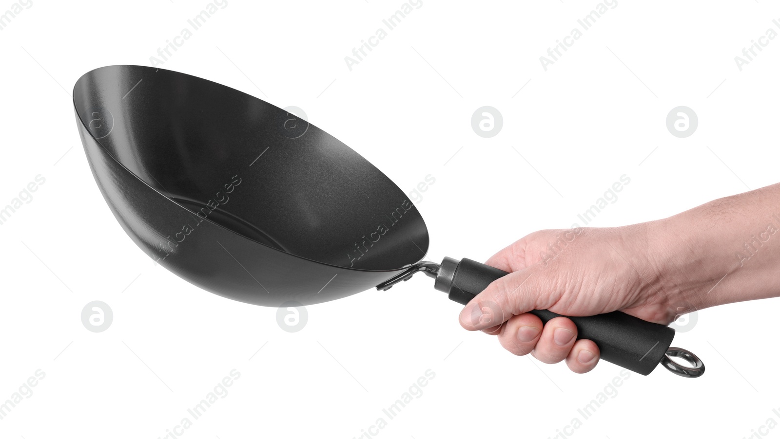 Photo of Man holding empty metal wok on white background, closeup