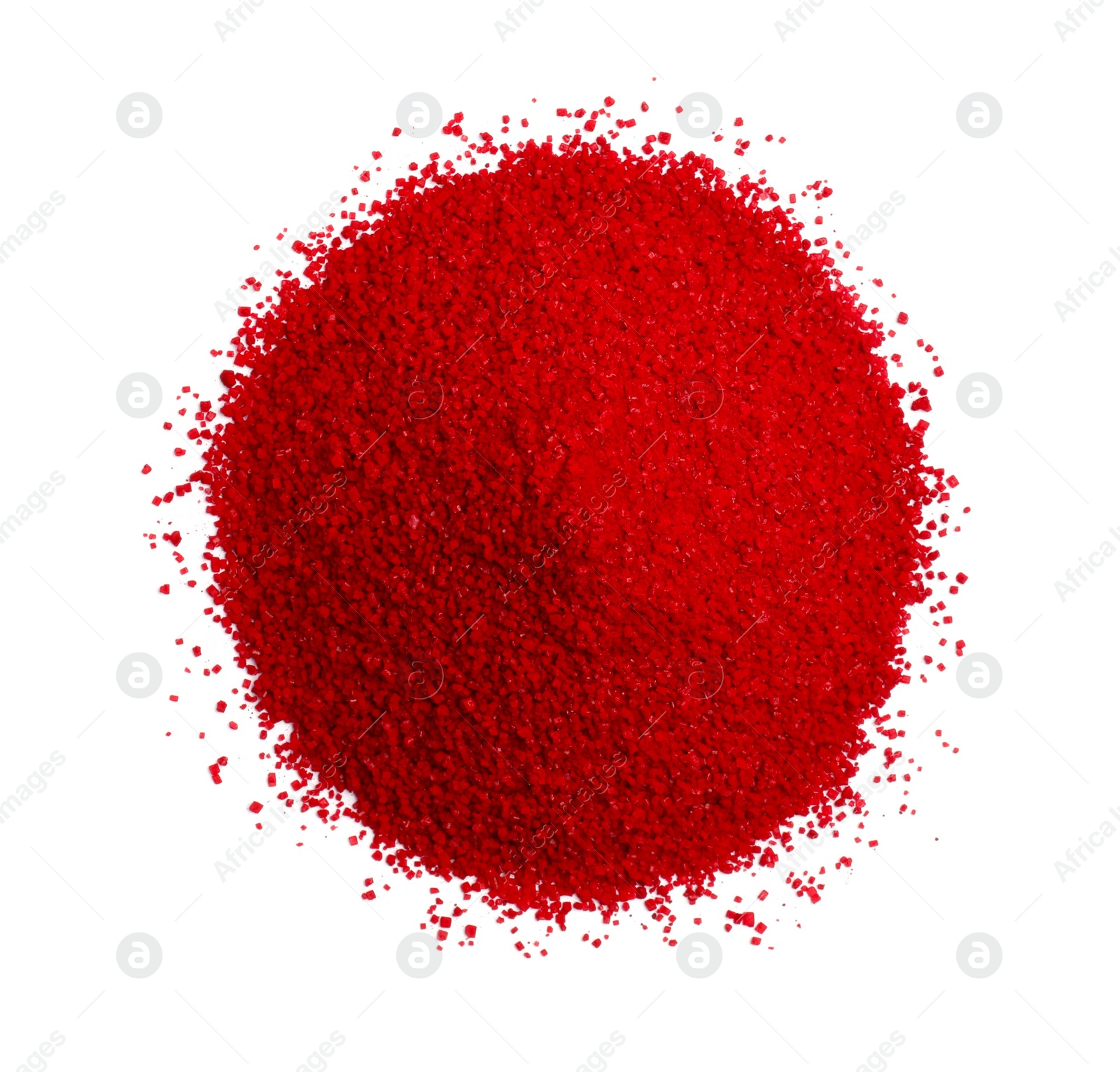 Photo of Heap of red food coloring isolated on white, top view