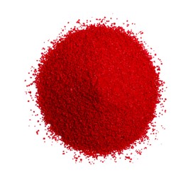 Photo of Heap of red food coloring isolated on white, top view