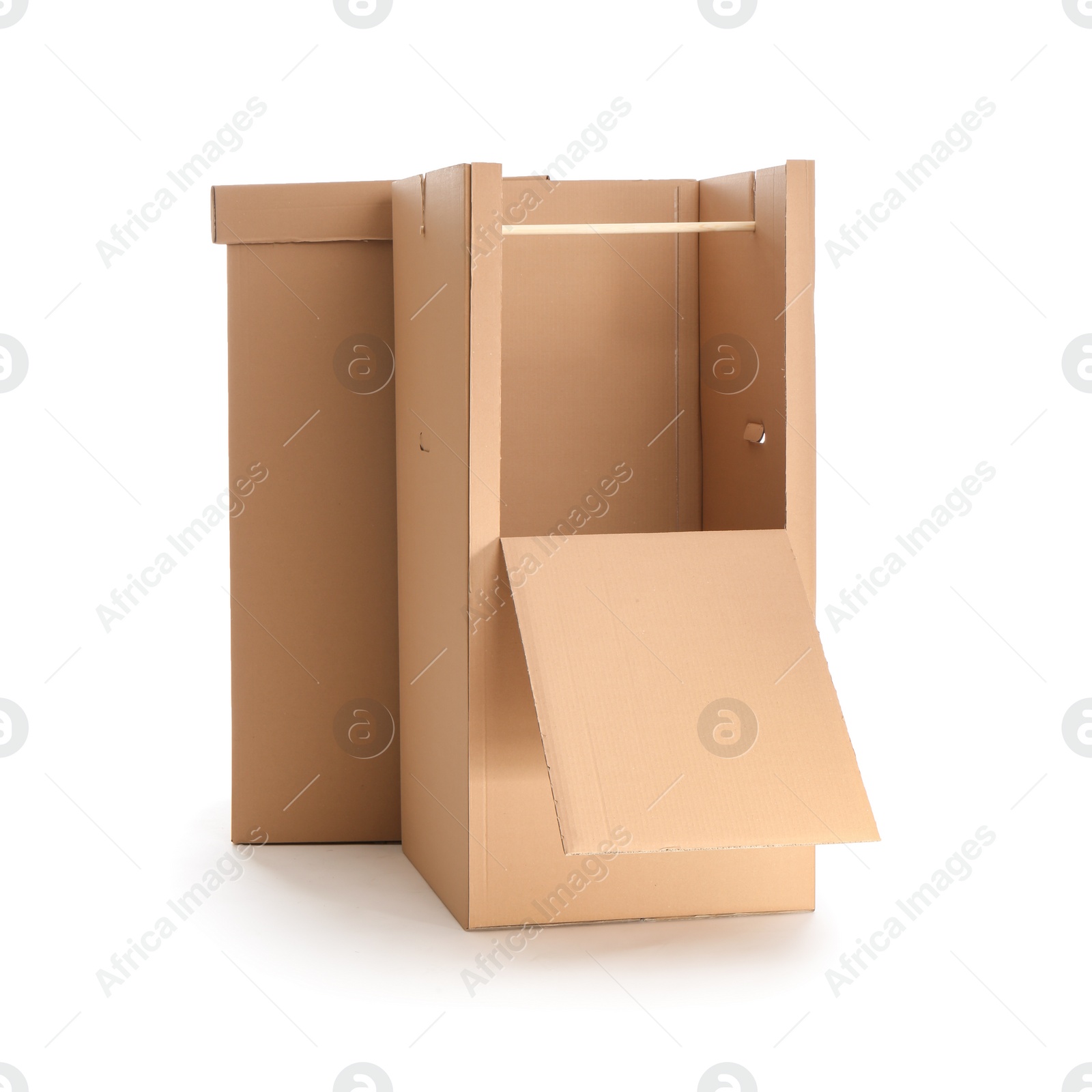 Photo of Empty cardboard wardrobe boxes on white background