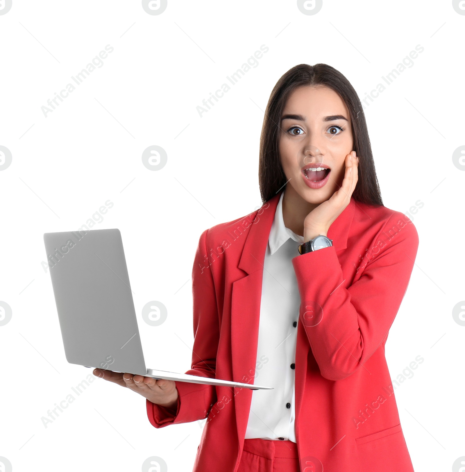 Photo of Portrait of surprised young woman in office wear with laptop on white background