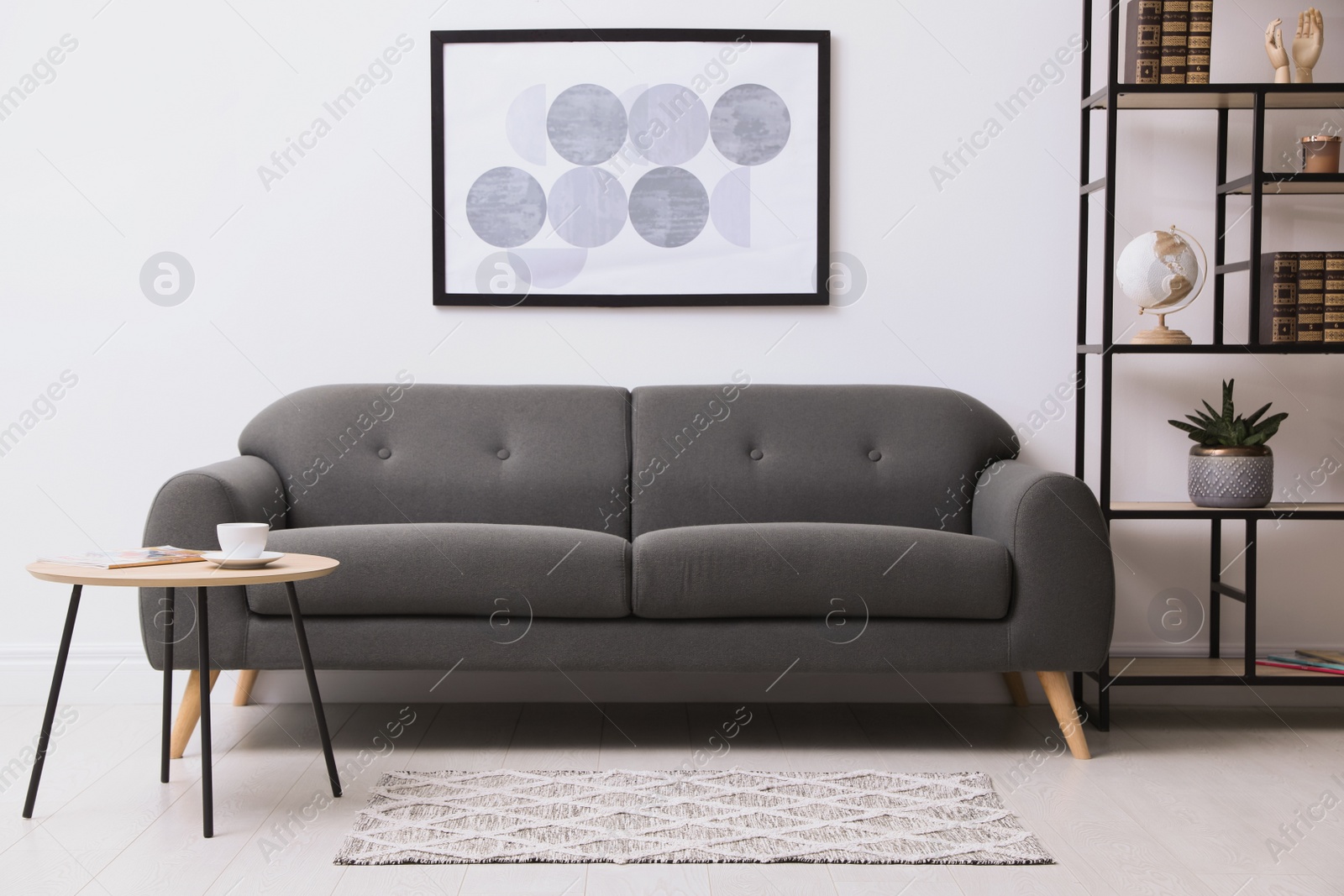 Photo of Stylish living room interior with grey rug, comfortable sofa and plant