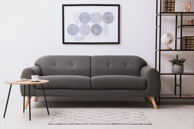 Photo of Stylish living room interior with grey rug, comfortable sofa and plant