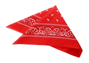 Photo of Folded red bandana with paisley pattern isolated on white, top view