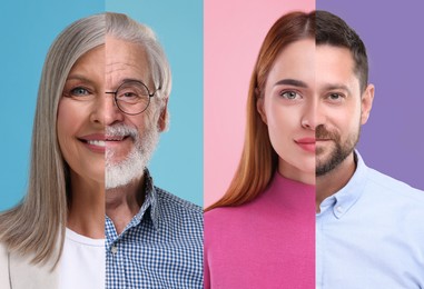 Men and women of diverse ages on color backgrounds. Collage with parts of different people's photos