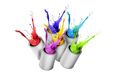 Image of Paint of different colors splashing from cans on white background