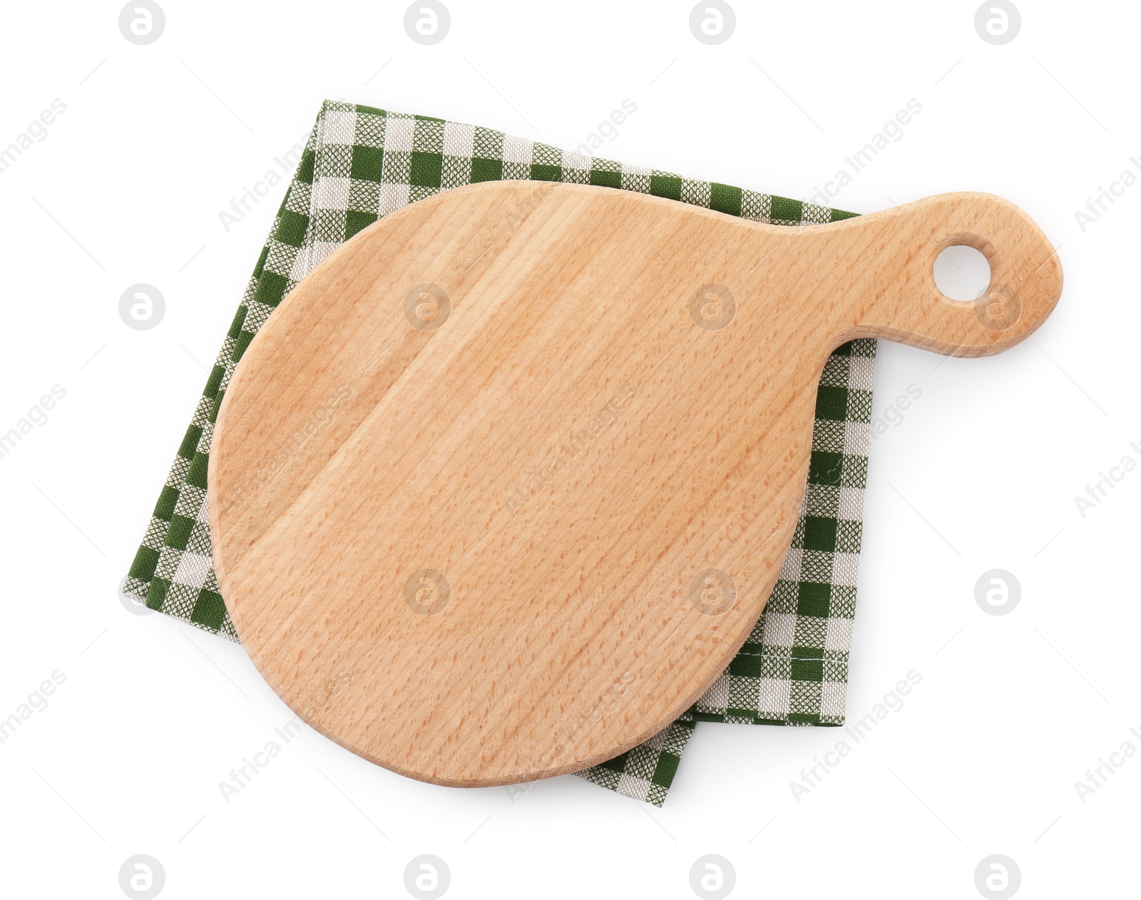 Photo of Wooden cutting board and napkin isolated on white, top view