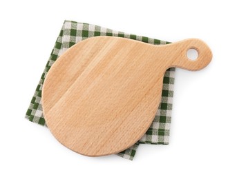 Photo of Wooden cutting board and napkin isolated on white, top view