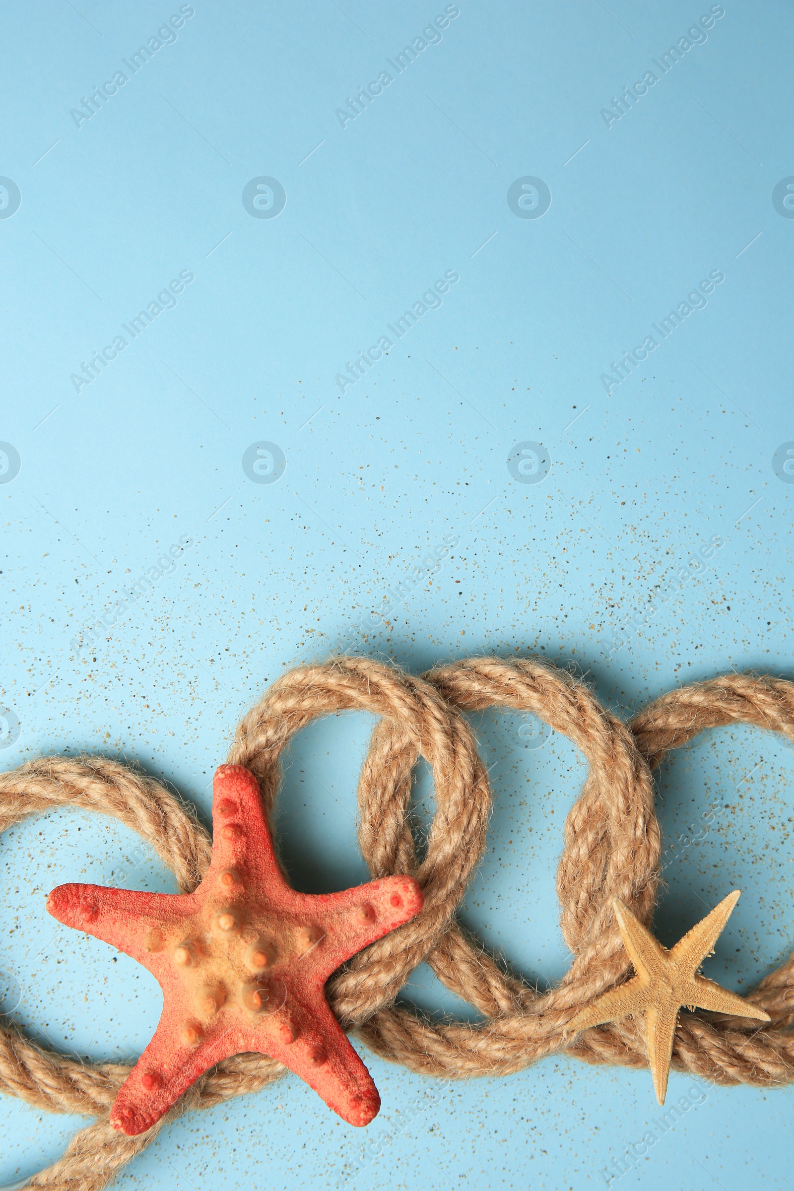 Photo of Beautiful sea stars, rope and sand on light blue background, flat lay. Space for text