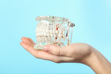 Photo of Woman holding educational model of oral cavity with teeth on color background