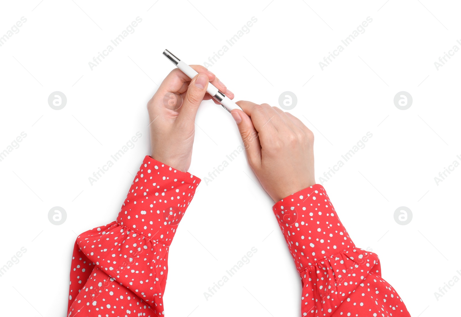 Photo of Woman holding pen on white background, top view