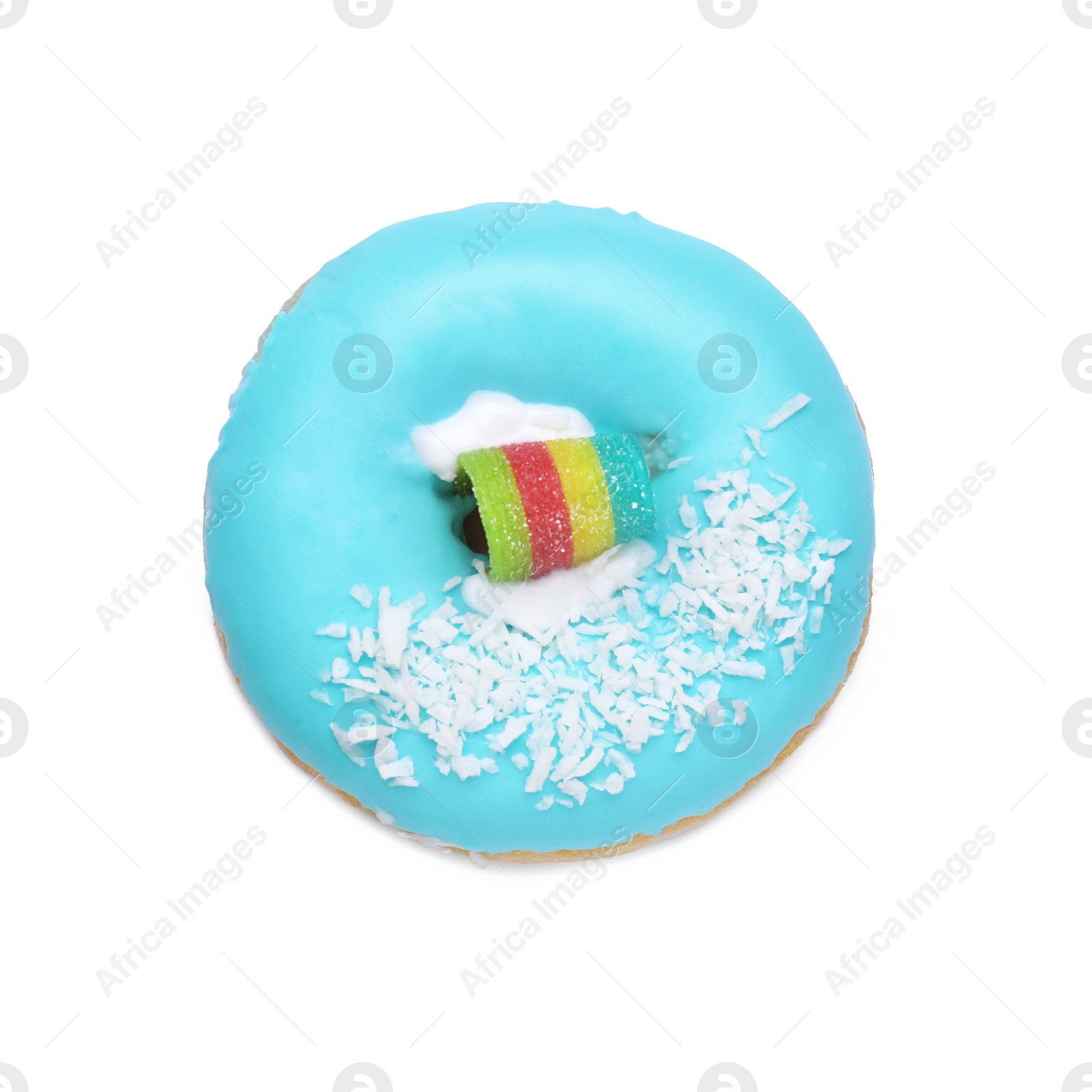 Photo of Tasty frosted donut decorated with coconut shavings and rainbow sour candy isolated on white, top view